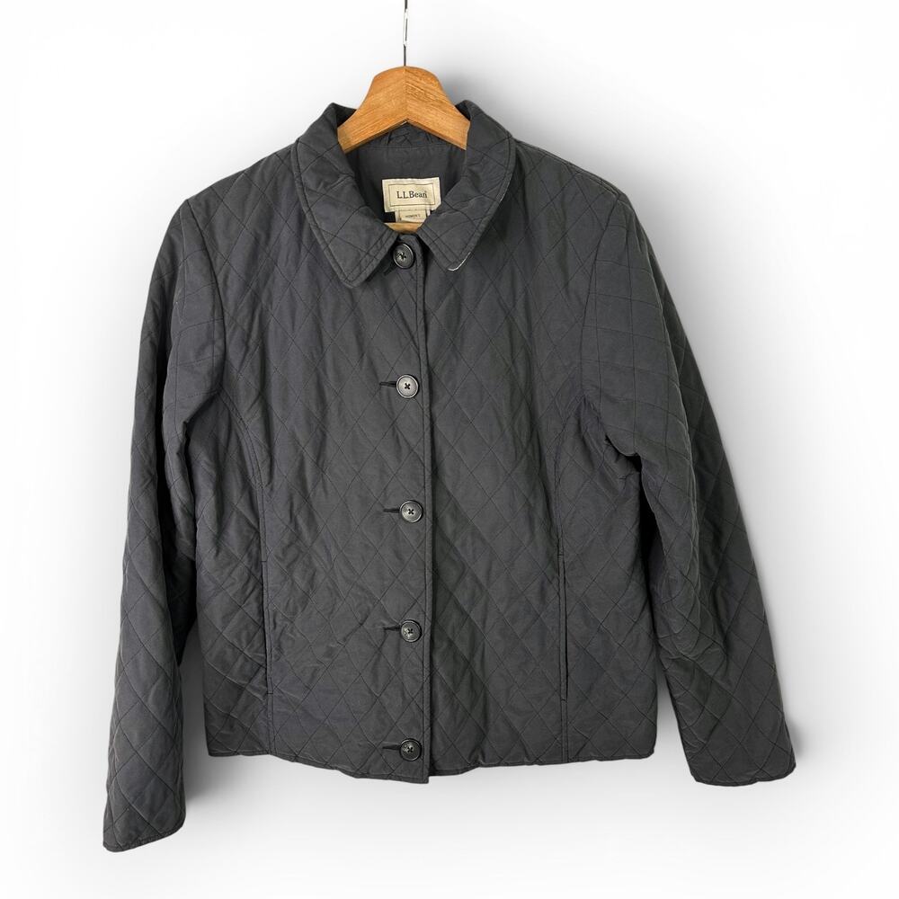 L.L. Bean Waxed Nylon Quilted Field Jacket Womens Medium Black Chore Barn Coat